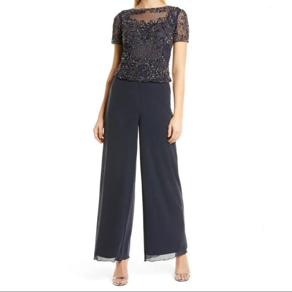 Pisarro Nights Pants - Pizarro Nights NWT Navy D2317 Beaded Mock Two-Piece Jumpsuit 10